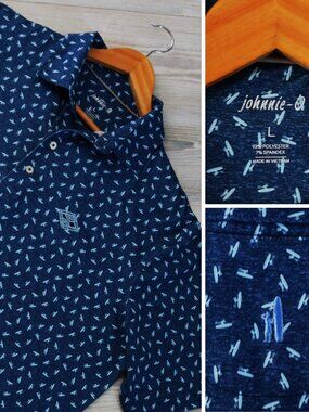 johnnie-O Navy Surfer All Over Print Men's Performance Golf Polo Shirt Logo Sz L